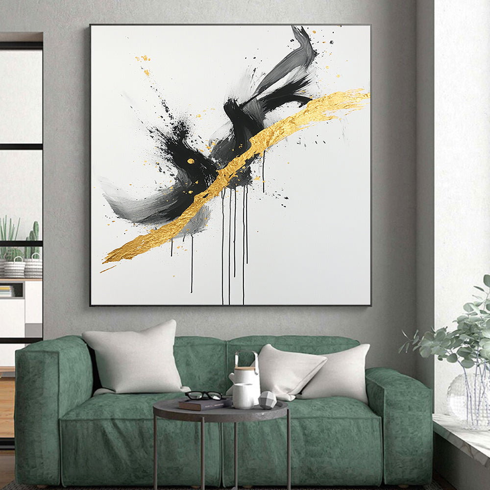 Black, White, Gold, Gray, Intertwined Swirls "Gilded Entanglement" Abstract Expressionist Painting On Canvas HB096