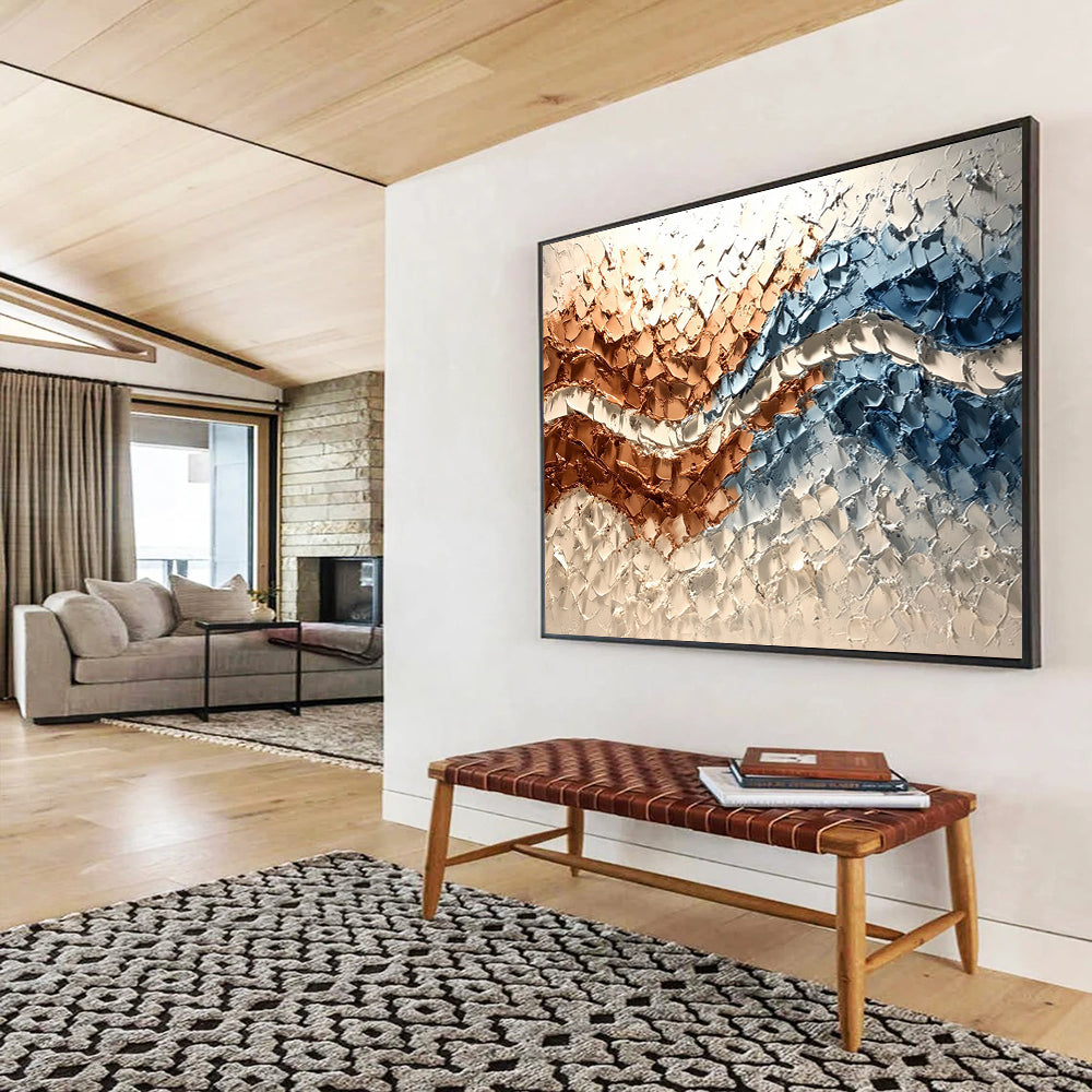 “Textured Copper - Blue Waves” - Copper, Blue, White, 3D Wave - Patterned Abstract Painting On Canvas HB0979