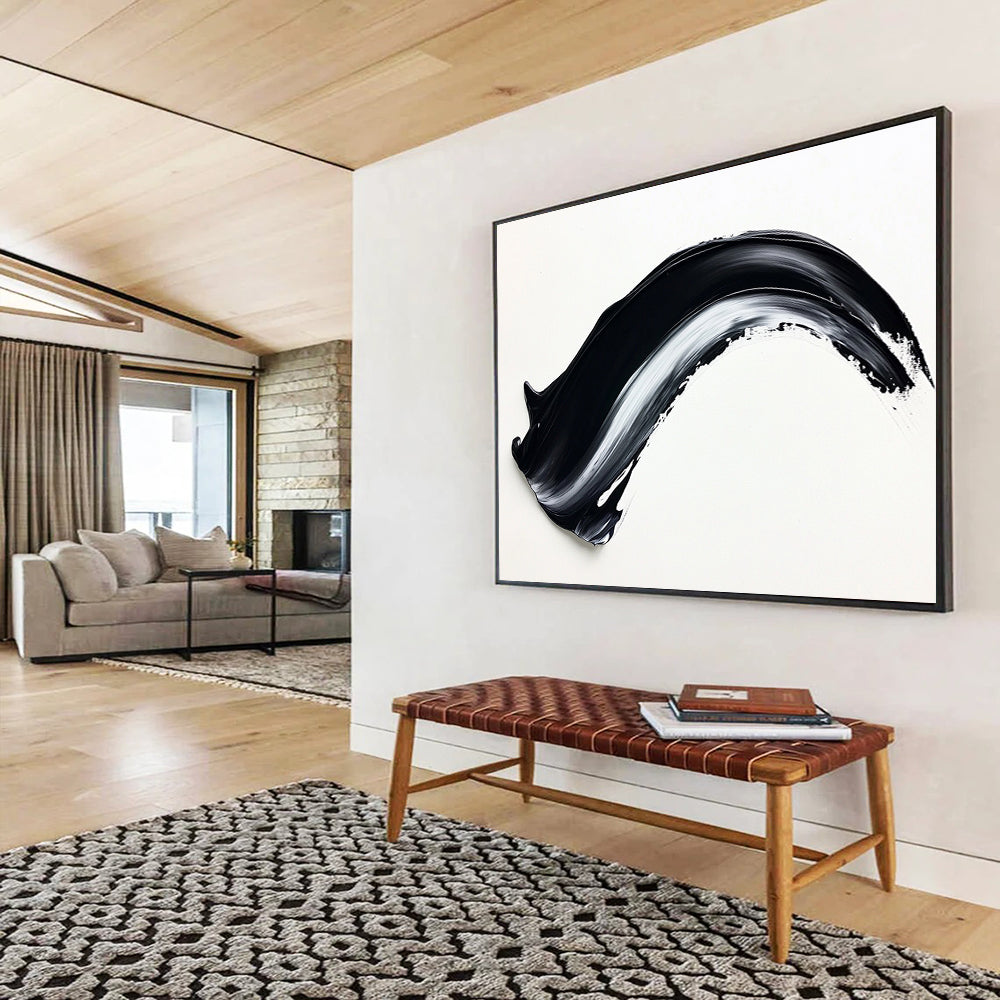 Minimalist Black & White Stroke - Simple Abstract Oil Painting On Canvas HB0480
