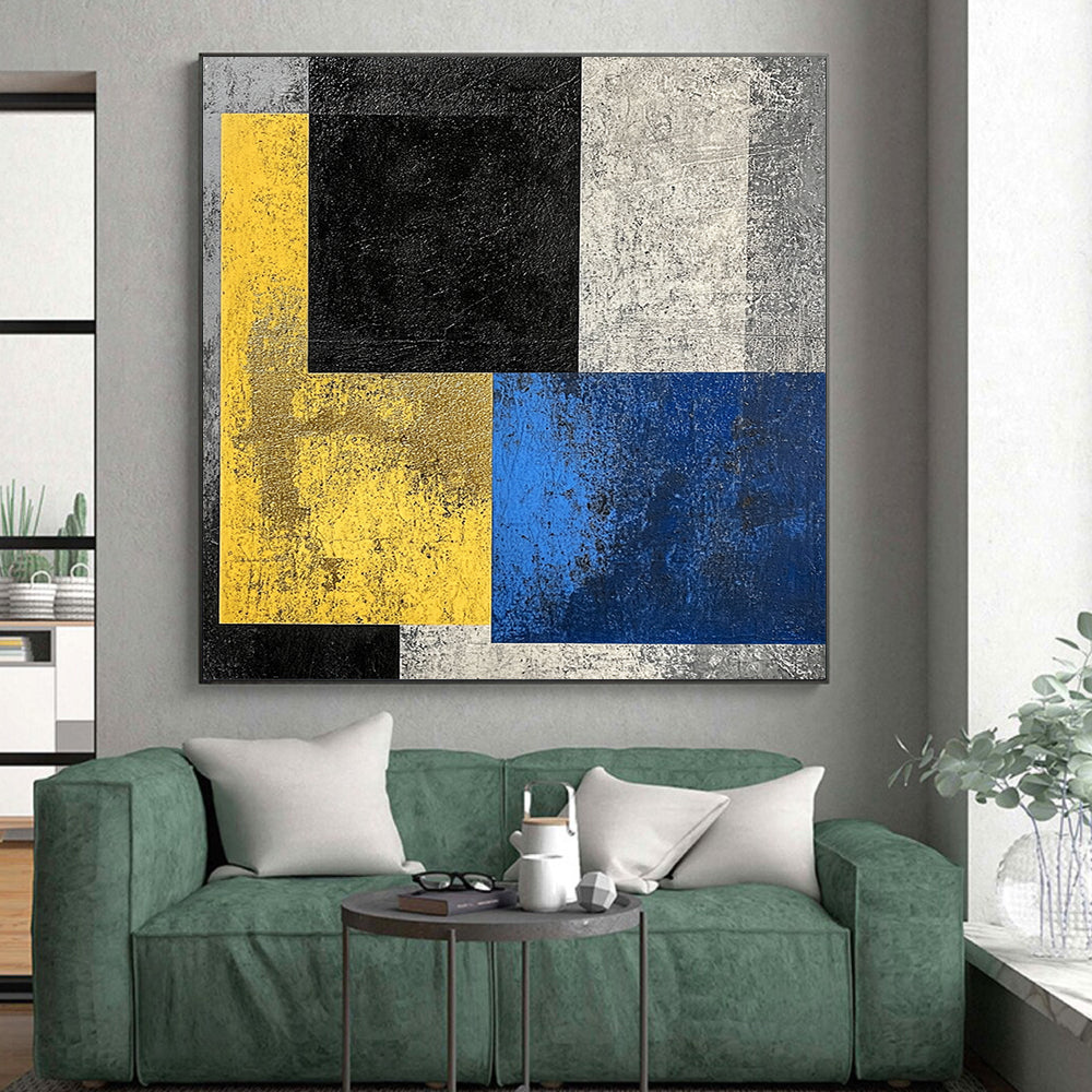 Black, Yellow, Gold, Blue, Gray with Textured Blocks "Colorful Contrast" Abstract Painting On Canvas HB010