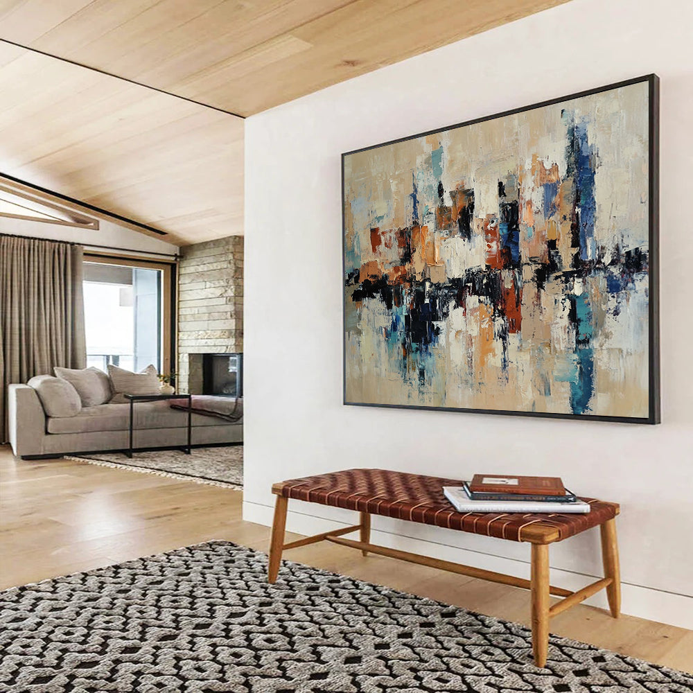 “Cityscape Abstract” - Beige, Blue, Brown, White with Reflective Shapes - Painting On Canvas HB1393
