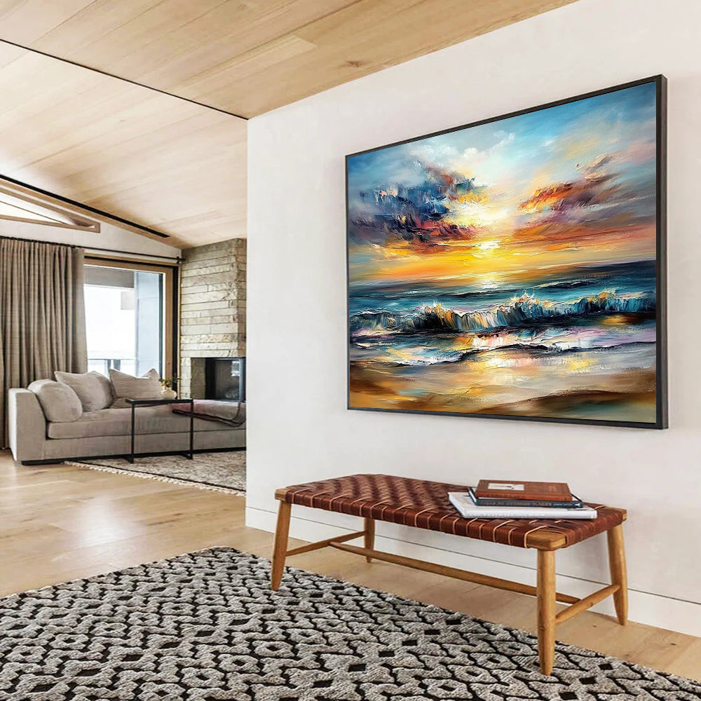 “Fiery Sky Beach” - Reds, Oranges, Blues, Dramatic Beach Sunset - Impasto Oil Painting HB1601