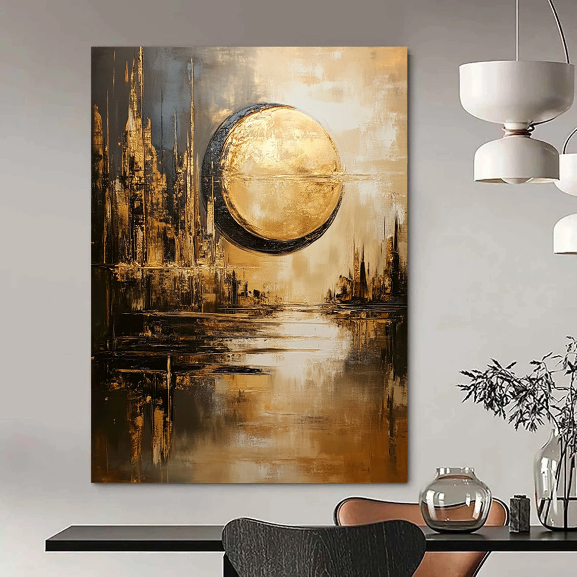 Contemporary abstract artwork features a dystopian cityscape with a sun and moon in gold and gray hues reflecting on water in a dreamy atmosphere. DLZ1094