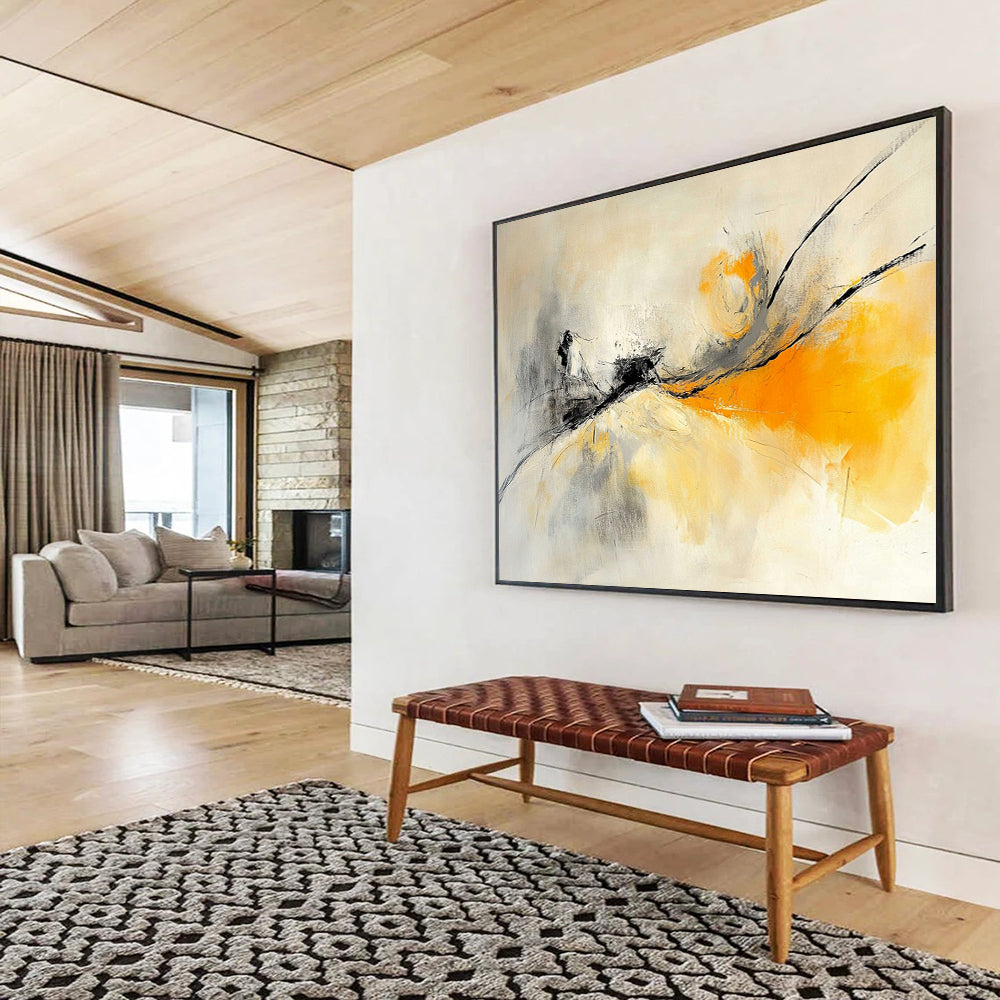 “Ethereal Strokes” - Gray, Yellow, Black, Flowing Lines - Abstract Oil Painting HB1534