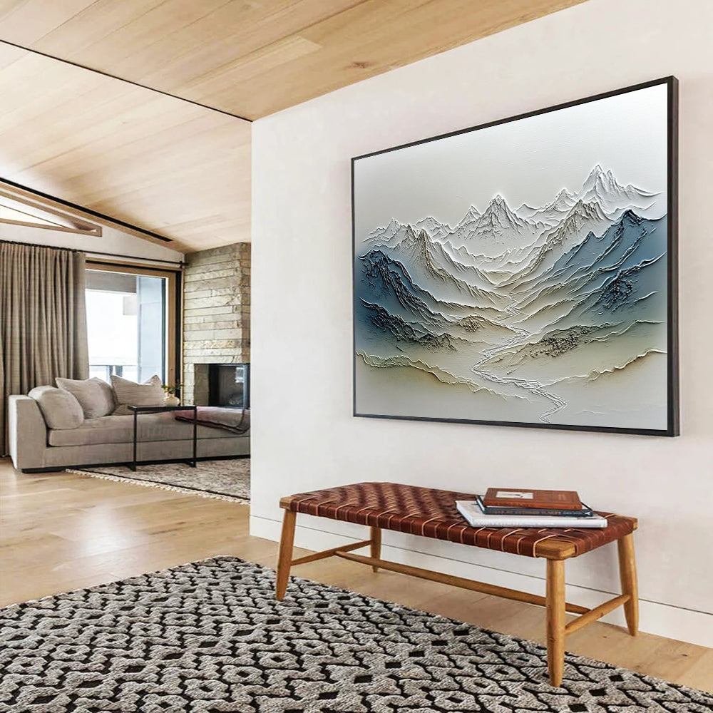 “Textured Mountain Range Relief” - Gray, Blue, Beige, Textured Landscape Painting On Canvas HB0774