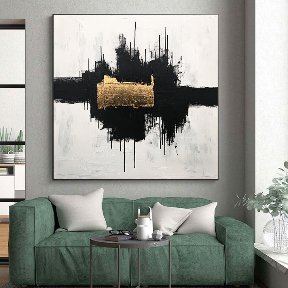 Black, White and Gold Abstract "Gilded Center" Painting On Canvas HB404