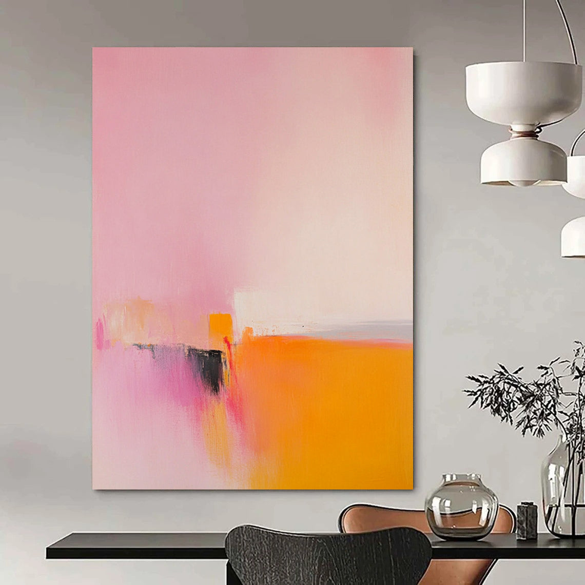 Contemporary abstract painting featuring muted pinks and yellows with soft oranges and minimalism showcasing an abstract dragon head under a vast sky. DLZ1657