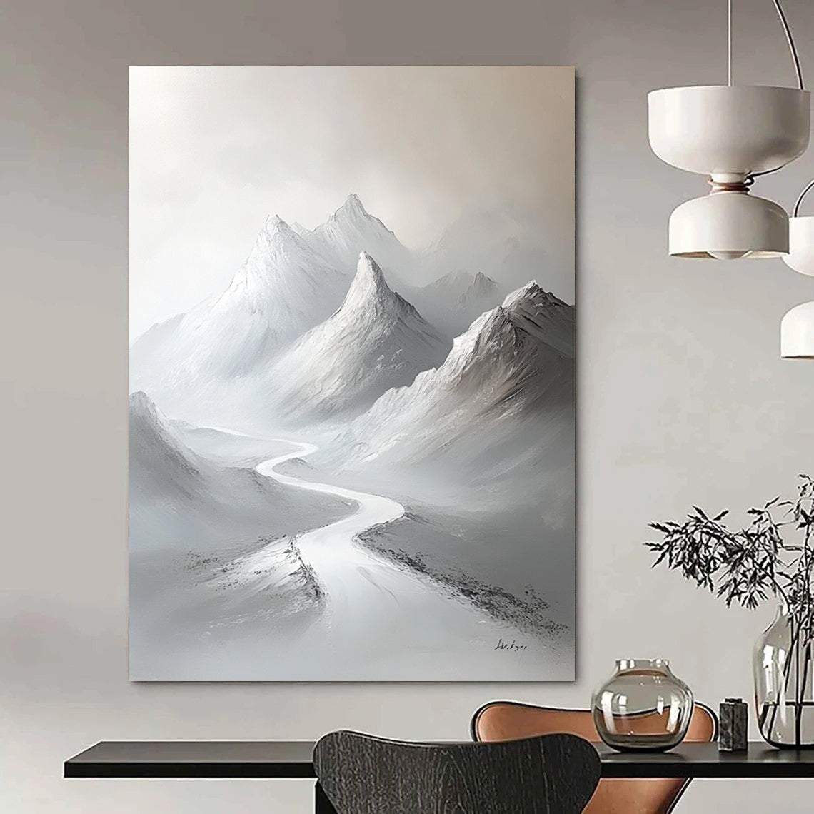 Contemporary large hand-painted abstract artwork featuring snow-covered mountains with a minimalist white palette and elegant brushstrokes on a gray background. DLZ1417