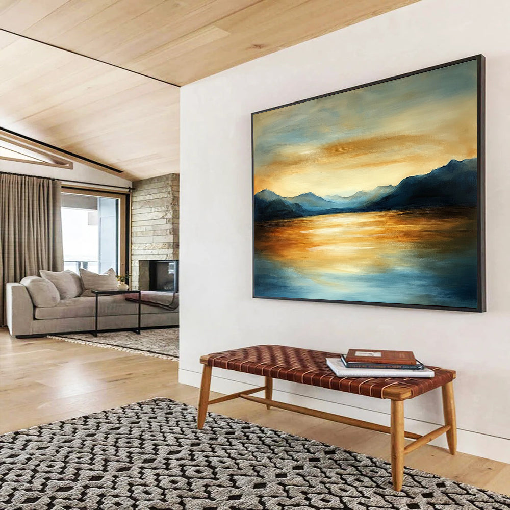 “Mountain Lake Sunset” - Blues, Oranges, Golds, Lake Surrounded by Mountains at Sunset - Acrylic Painting HB1608
