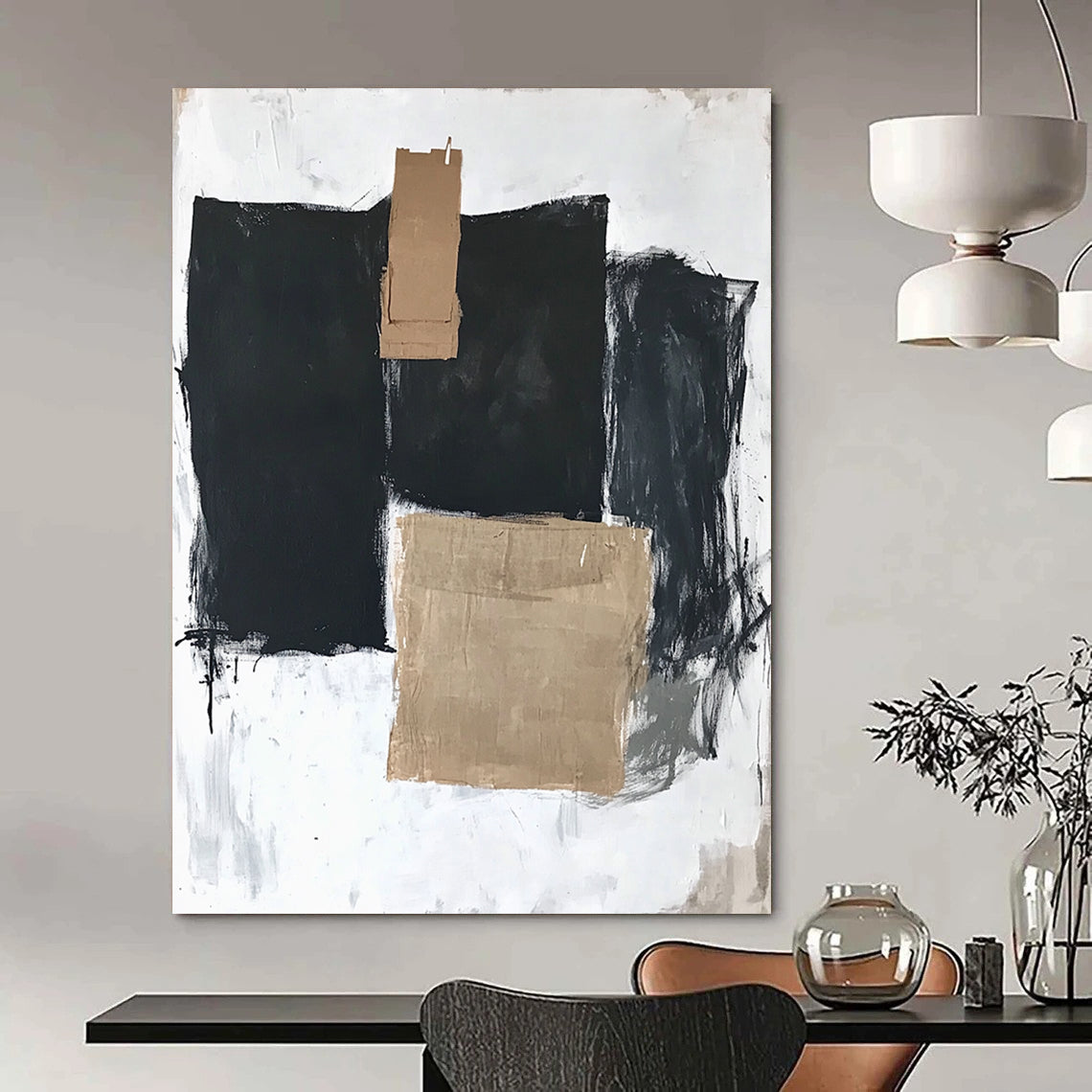 Contemporary hand-painted abstract art featuring three large black squares, one with brown tape, on a white background with thick dark gray strokes. DLZ1335