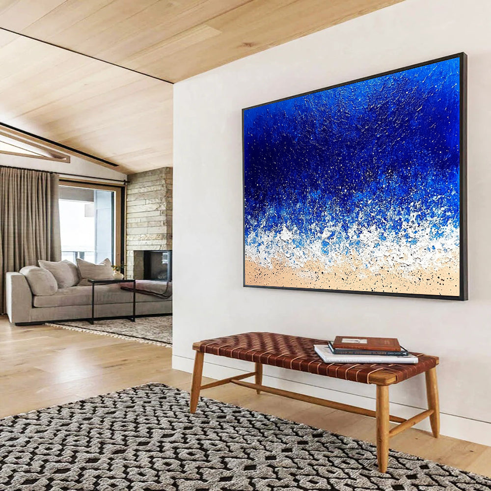 “Textured Ocean Waves” - Deep blues, whites, beiges; Impasto waves crashing on a sandy beach; Palette Knife Acrylic Painting On Canvas HB1184