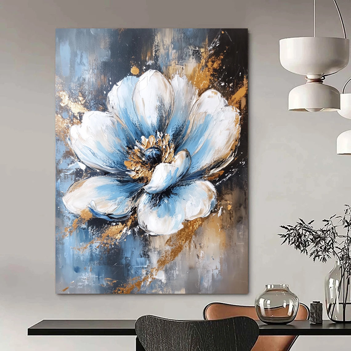 Contemporary abstract painting featuring a white and blue flower with elegant gold foil accents against a rich dark gold background. DLZ1677