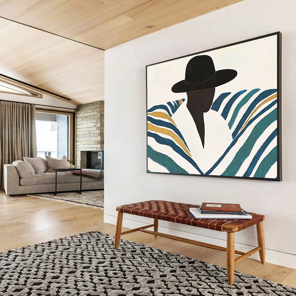 “Stylish Striped Silhouette” - Blacks, Whites, Blues, Golds, Fashion Figure - Flat - Style Illustration HB1560