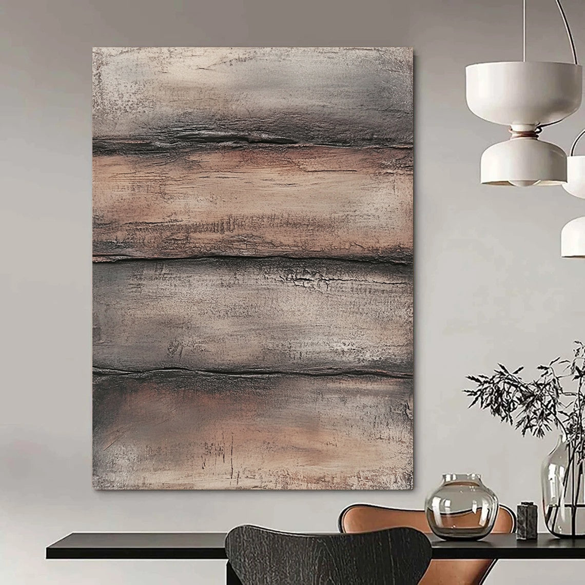 Contemporary hand-painted abstract art featuring textured layers of brown and gray evoking weathered wood in a rugged industrial style. DLZ1480
