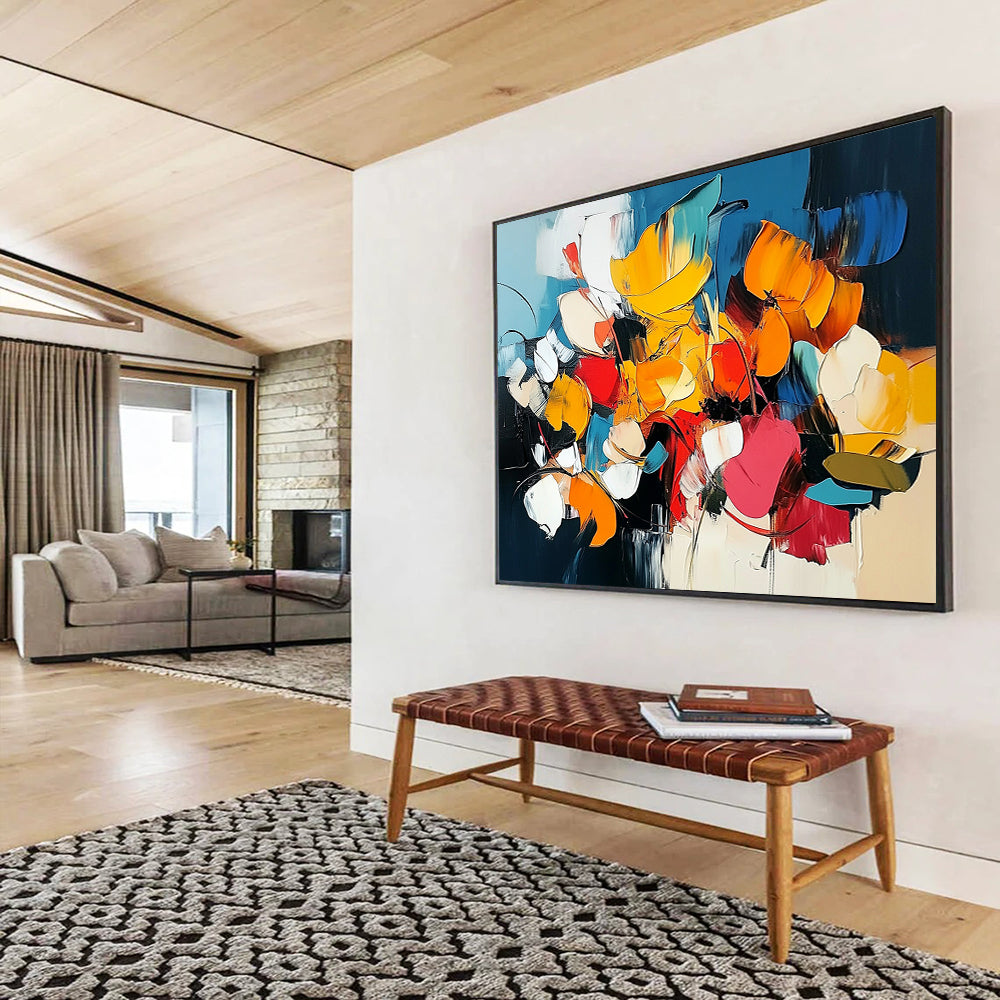 “Colorful Abstract Floral Blooms” - Yellow, orange, red, blue, white; Abstract floral composition HB1288
