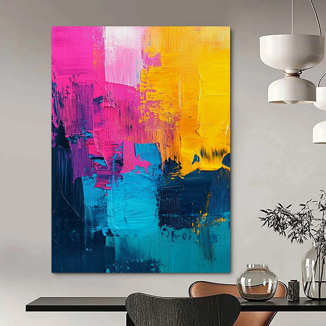 Vibrant contemporary abstract painting with bold pink and yellow accents, a striking turquoise center, and rich dark blue features, showcasing textured acrylic brush strokes. DLZ0776