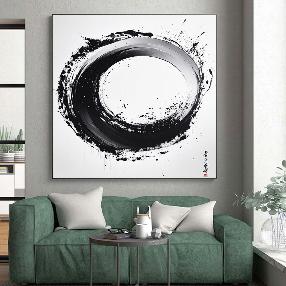 Black and White Textured Circle "Rustic Enso" Painting On Canvas HB288