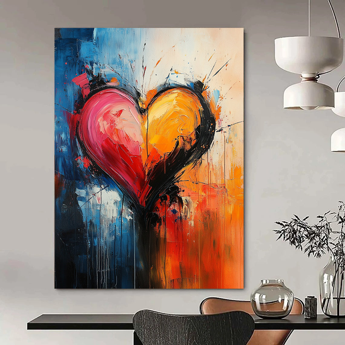 Contemporary abstract art features a heart shape in vibrant swirling colors embodying passion with expressive brushwork and dynamic composition on canvas. DLZ1272