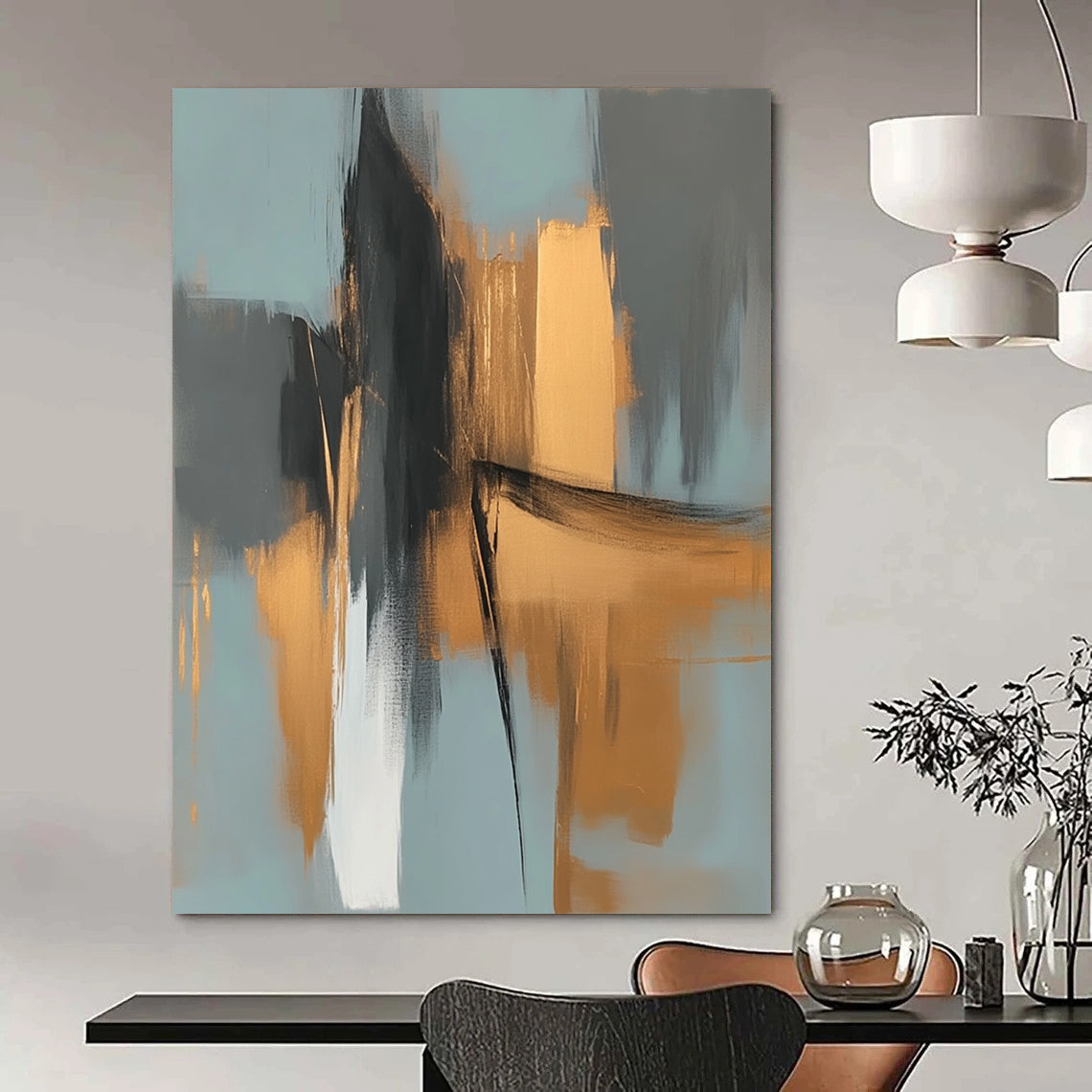 Large contemporary abstract painting features elegant gold and gray shapes against a light blue background evoking an urban landscape with serene organic forms. DLZ0706