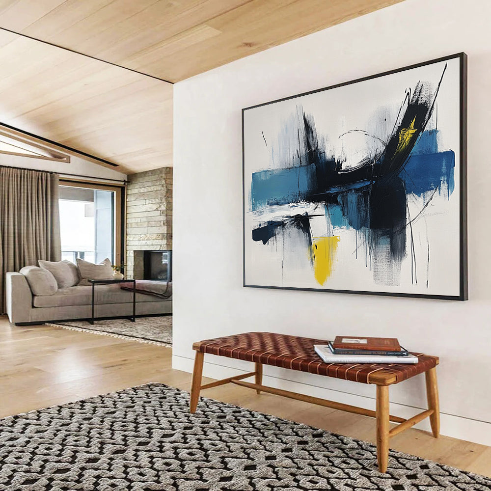 “Dynamic Blue - Black Strokes” - Blue, Black, Yellow, Expressive Brushstrokes - Abstract Expressionist Acrylic Painting HB1519