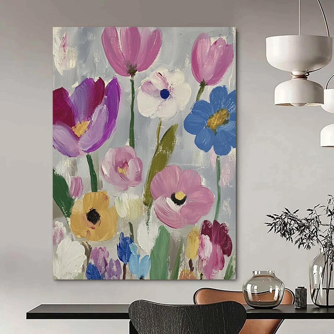 Large contemporary abstract painting featuring vibrant daisies and tulips in pink purple blue green and yellow against a soft gray backdrop with visible brush strokes. DLZ1262