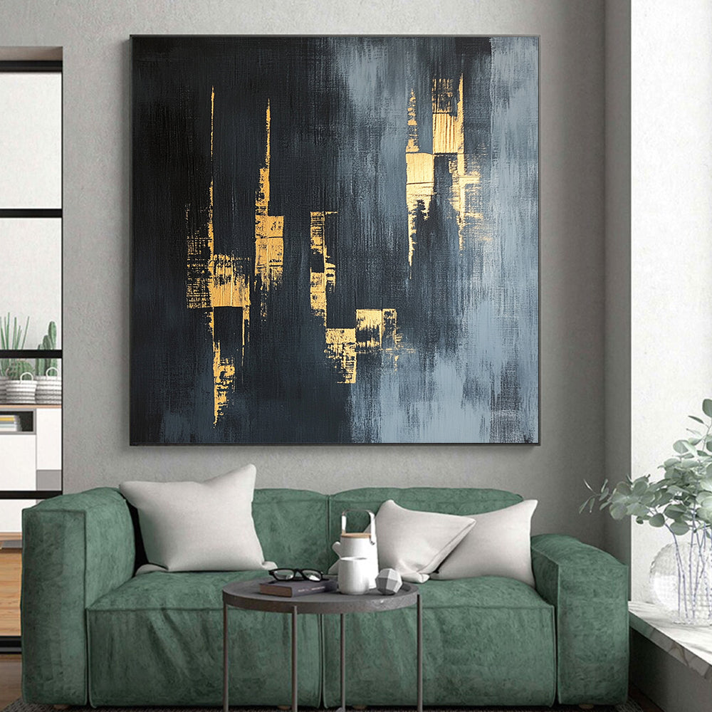 Gray, Gold, Urban Silhouettes "Gilded Cityscape Shadows" Abstract Urban Painting On Canvas HB169