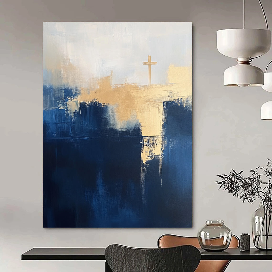 Contemporary abstract painting featuring navy blue and light beige tones with large brush strokes and a minimalist cityscape design emphasizing depth and negative space. DLZ0714