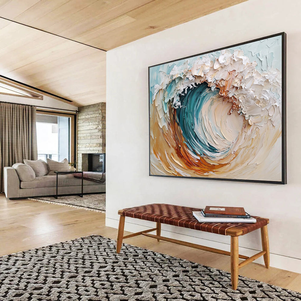 “Textured Ocean Wave” - Blue, White, Brown, Abstract Surf - Impasto Oil Painting HB1501