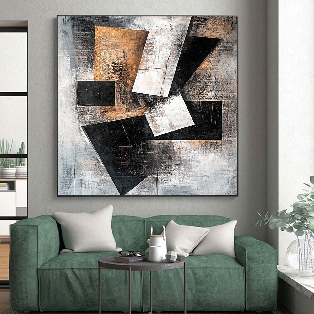 Gray, Black, White, Brown, Geometric Shapes "Industrial Puzzle" Abstract Cubist - Inspired Painting On Canvas HB059