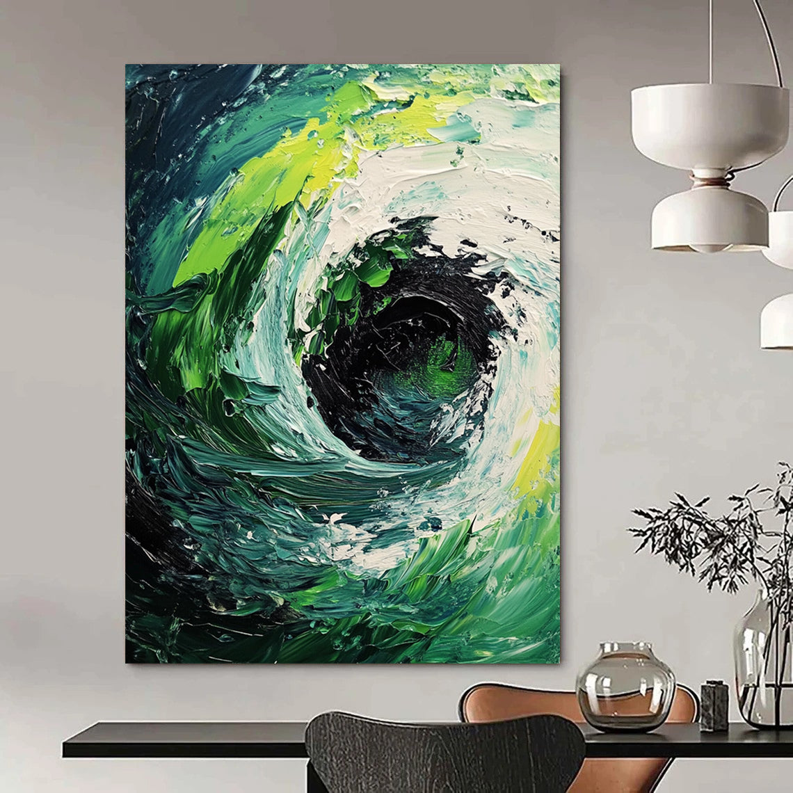 Contemporary abstract painting featuring a dynamic whirlpool of dark green and white waves with bold brushstrokes and striking light-dark contrast. DLZ1229