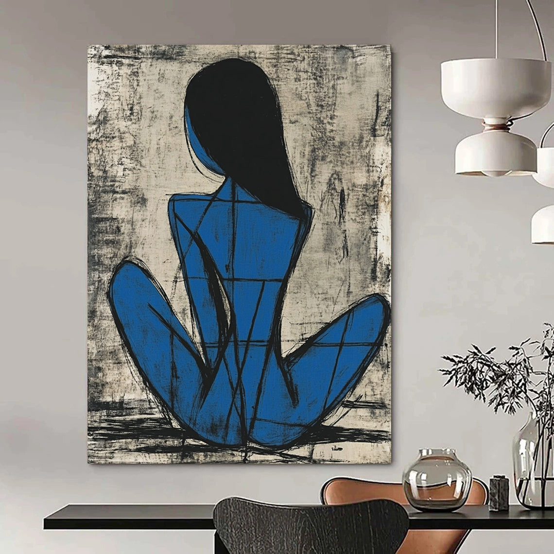 Contemporary abstract painting featuring a blue female figure in Picasso style sitting gracefully with thick lines and simple shapes on a grayish-blue background. DLZ1156