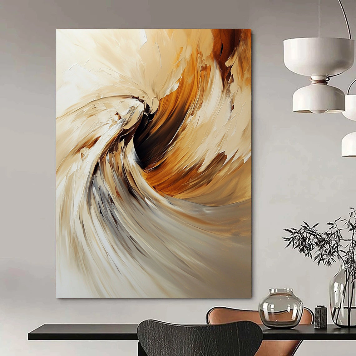 Contemporary abstract oil painting featuring an angel with swirling brush strokes in warm beige and brown tones. DLZ0450