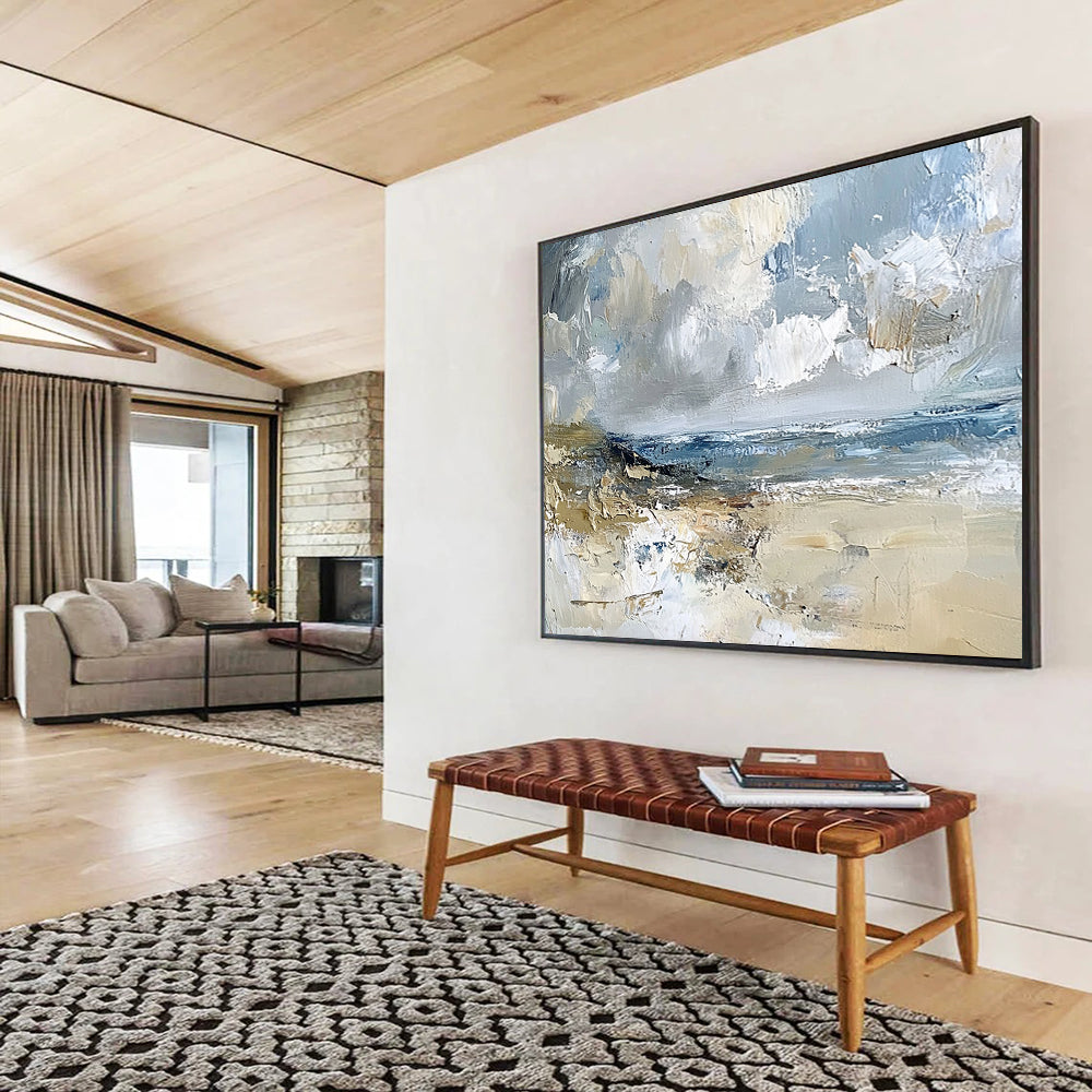 “Impasto Beachscape” - Gray, Blue, Beige, Textured Seaside Scene Painting On Canvas HB1032