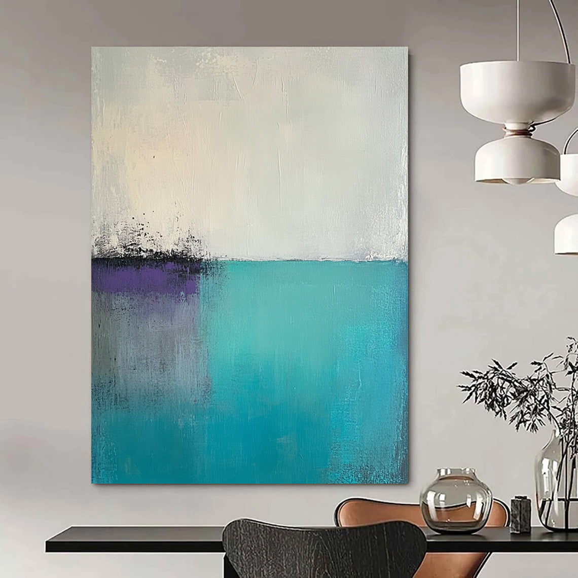 Contemporary abstract artwork features large brush strokes and palette knife textures in light teal gray and greenish-blue with a foggy minimalist landscape and pale purple sky. DLZ0627