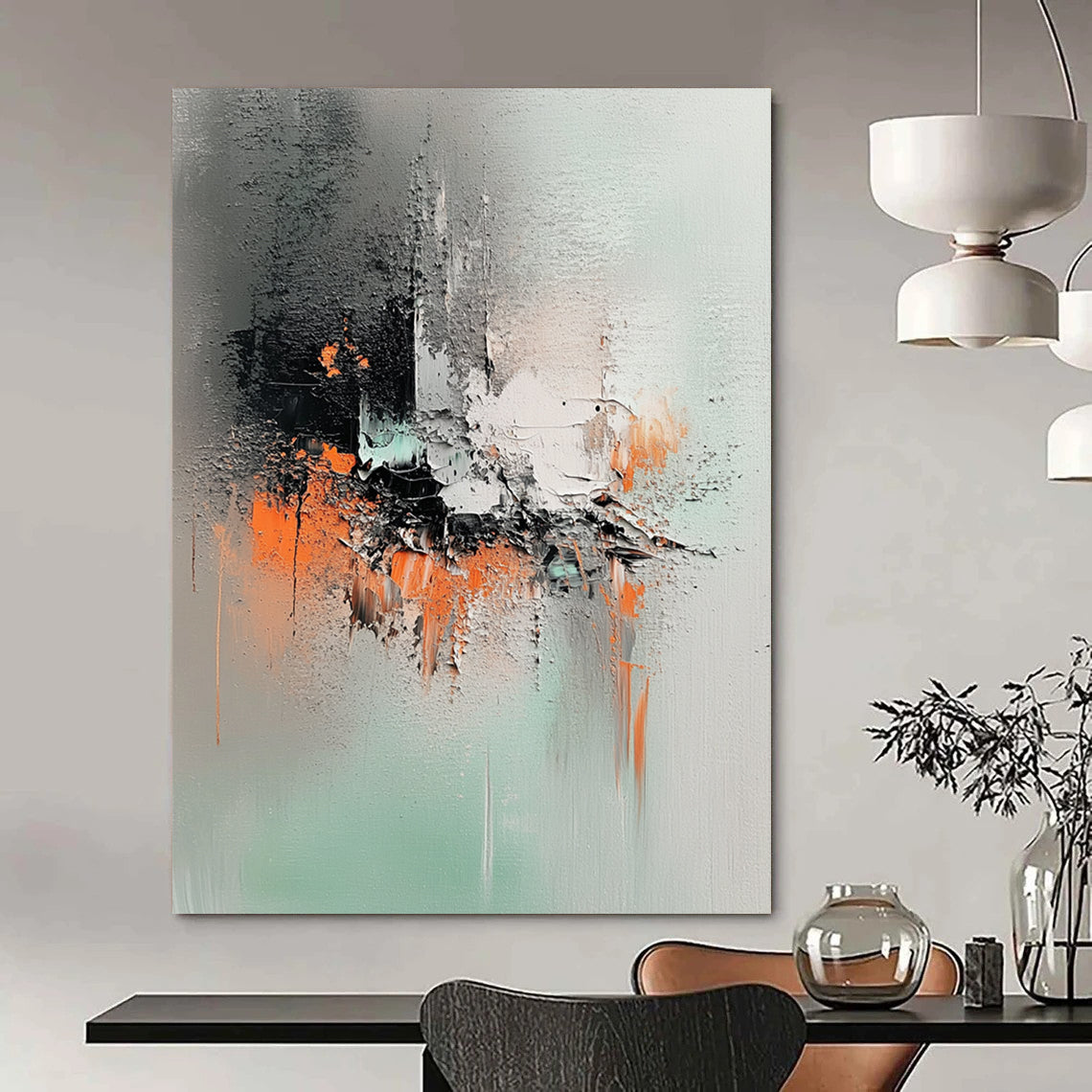 Contemporary abstract artwork features mint green, gray tones, and ink splash effects with a palette knife technique on canvas. DLZ1046