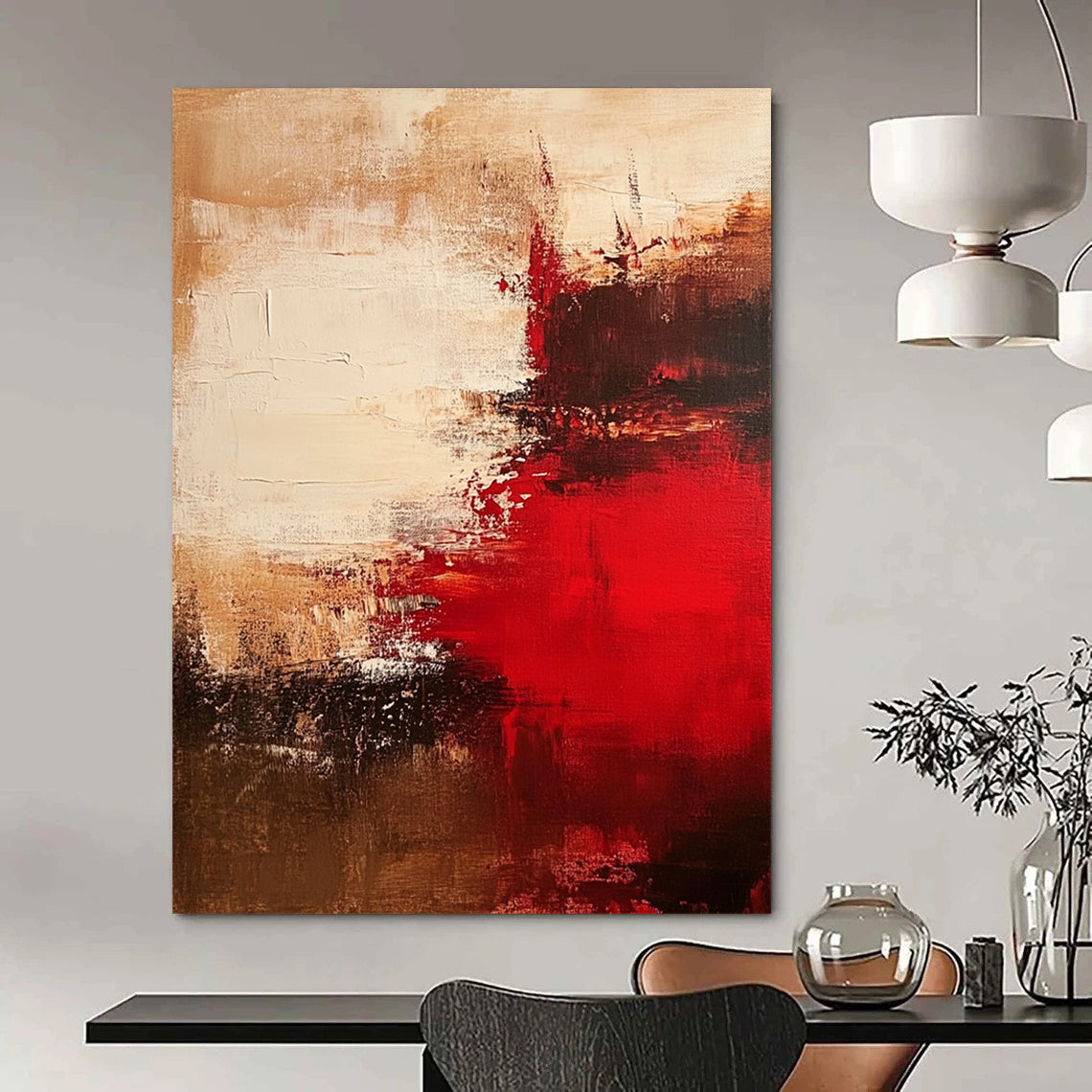 Contemporary hand-painted abstract art featuring rich red beige and brown tones ideal for modern decor. DLZ0764