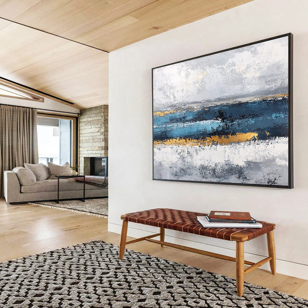“Gray - Blue Abstract with Gold Accents” - Gray, Blue, Gold, Horizontal Strokes Painting On Canvas HB0838