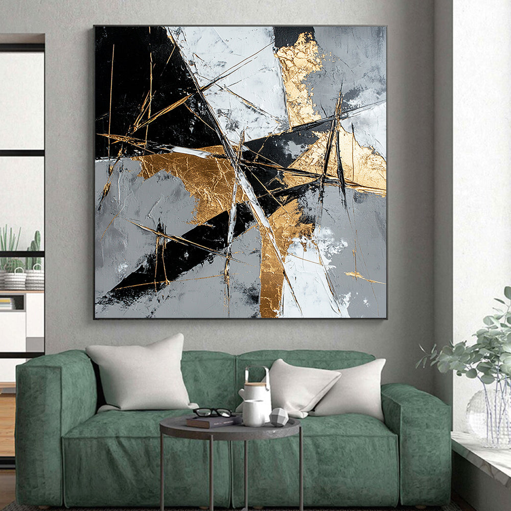 Gray, Black, White, Gold, Geometric Shards "Golden Fragment" Abstract Modernist Painting On Canvas HB073