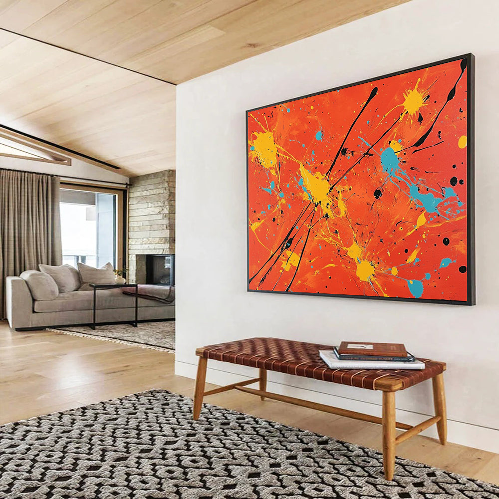 “Colorful Splatter On Orange” - Orange, Yellow, Blue, Black, Abstract Expressionist Painting On Canvas HB0683