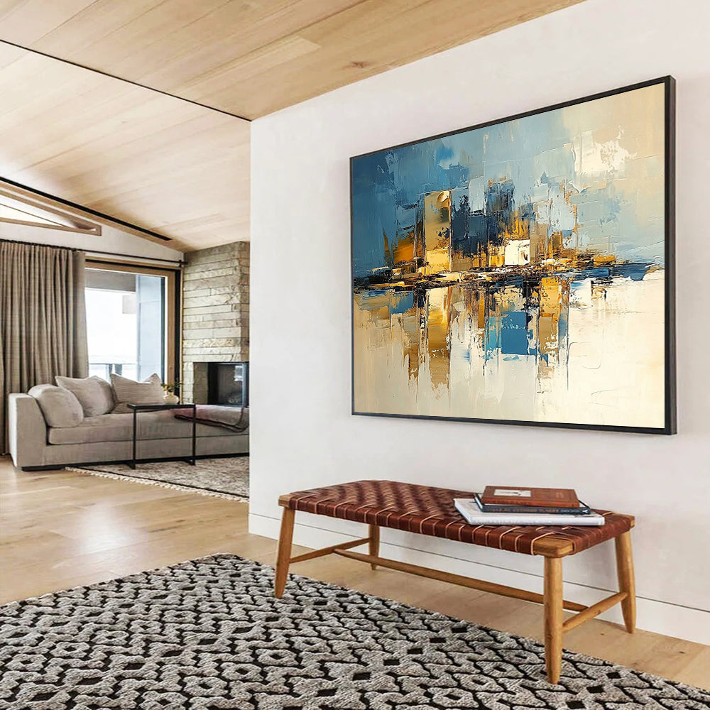 “Cityscape Reflections” - Deep blues, golds, whites; Abstract city skyline mirrored in water; Palette Knife Oil Painting On Canvas HB1177