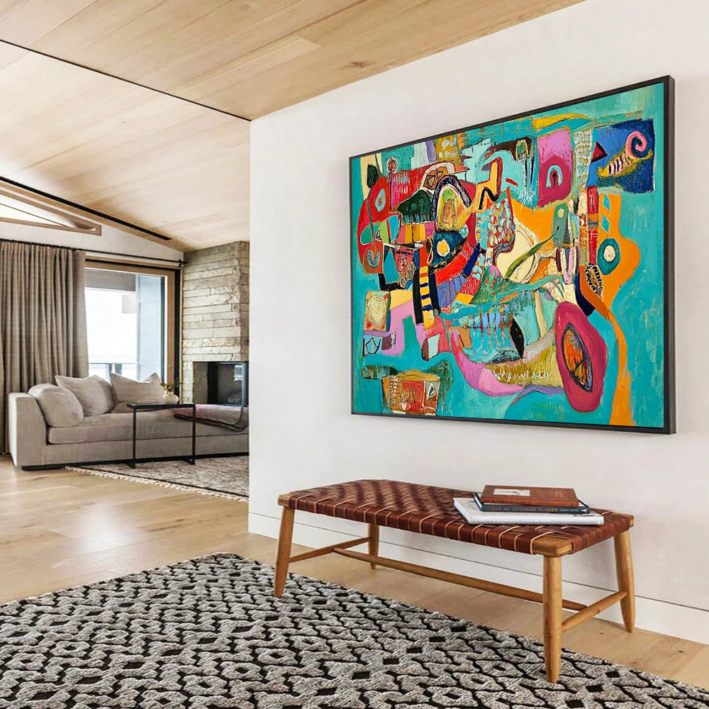Colorful Turquoise - Based Abstract Collage – Mixed - Media Abstract Shape Painting HB1471