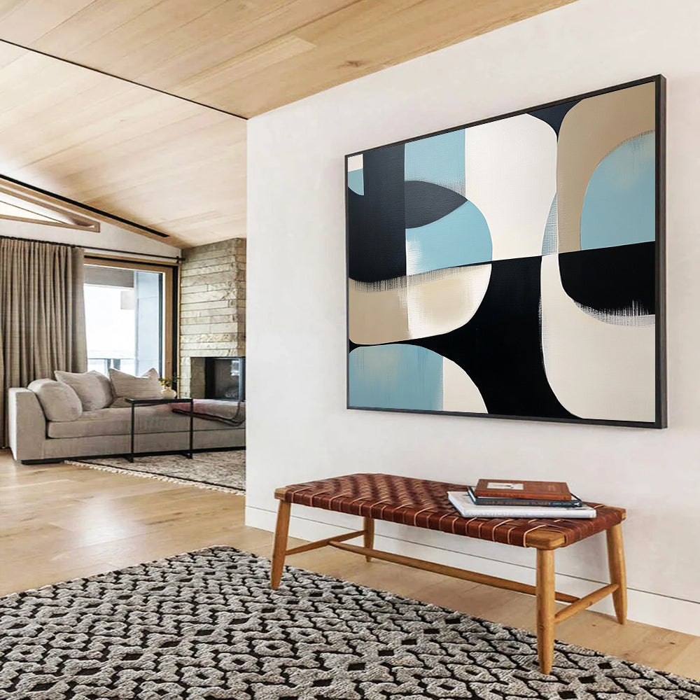 “Curved Geometric Abstract” - Black, white, beige, light blue; Curved geometric abstract shapes; Acrylic Painting On Canvas HB1253