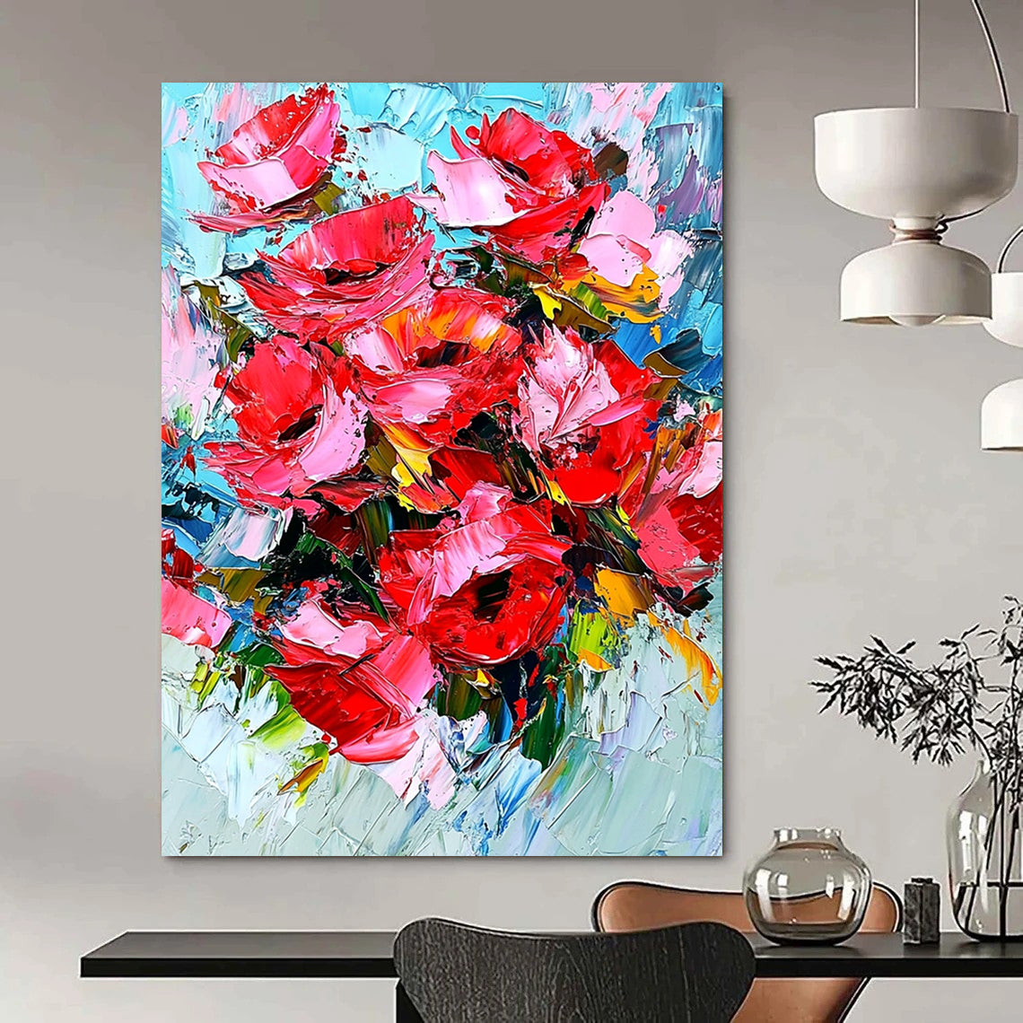 Bold contemporary abstract art featuring vibrant red roses with dynamic impasto texture and energetic brushstrokes for a striking visual impact. DLZ1158