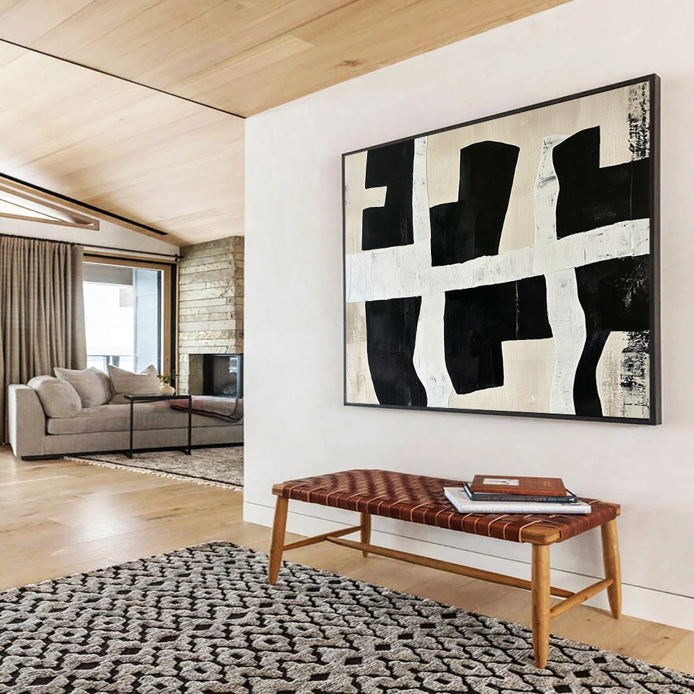 “Black - White Grid Shapes” - Black, white, beige, Abstract Geometric Painting HB0640