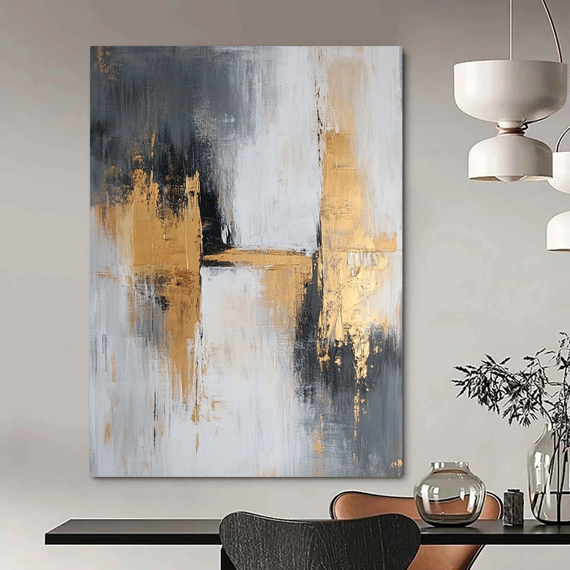 Large contemporary abstract painting featuring gray and gold tones with textured brush strokes that evoke calmness and tranquility on a spacious canvas. DLZ0709