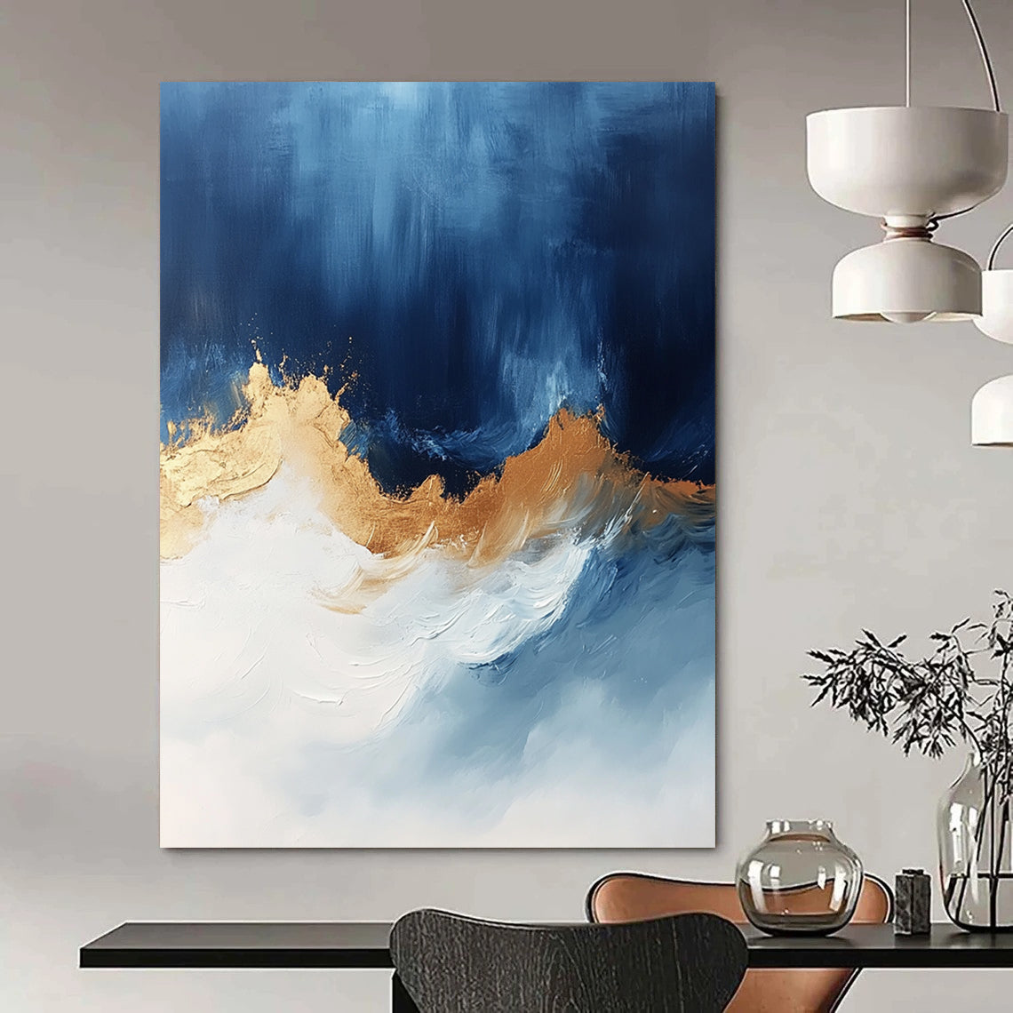 Contemporary abstract art features bold blue white and gold hues with sweeping brushstrokes energizing the canvas creating depth and visual allure. DLZ0335
