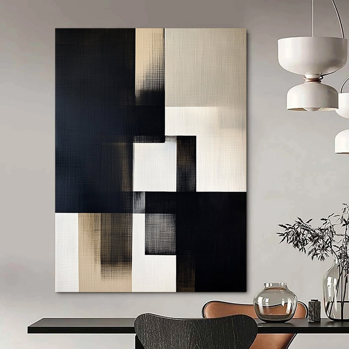 Contemporary hand-painted abstract artwork featuring black, white, and gray geometric shapes on off-white linen with illuminated highlights. DLZ1307