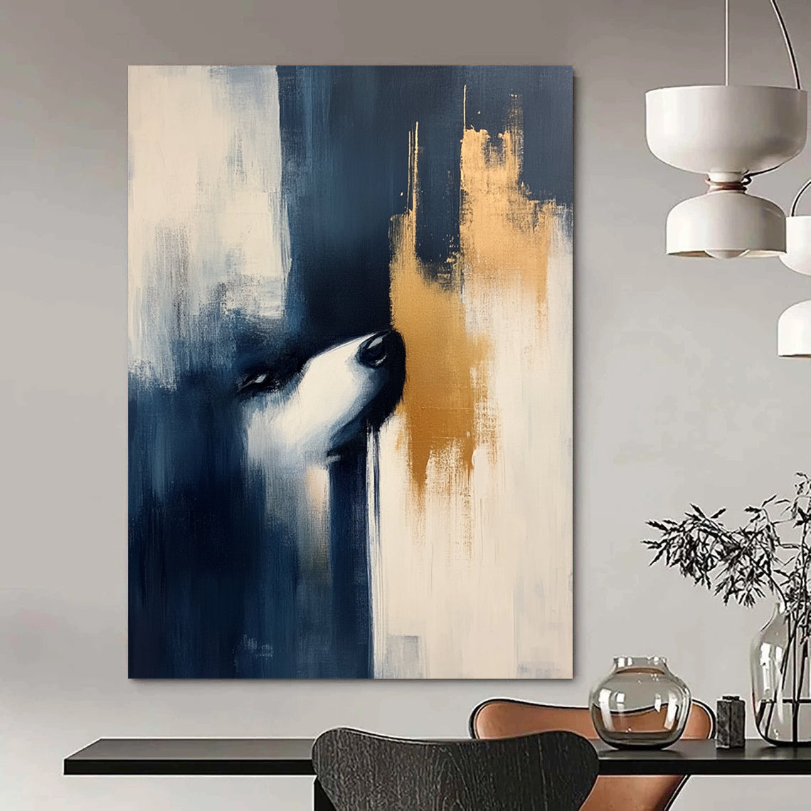 Contemporary hand-painted abstract art featuring dark blue and beige hues with elegant gold accents, perfect for modern decor. DLZ0850