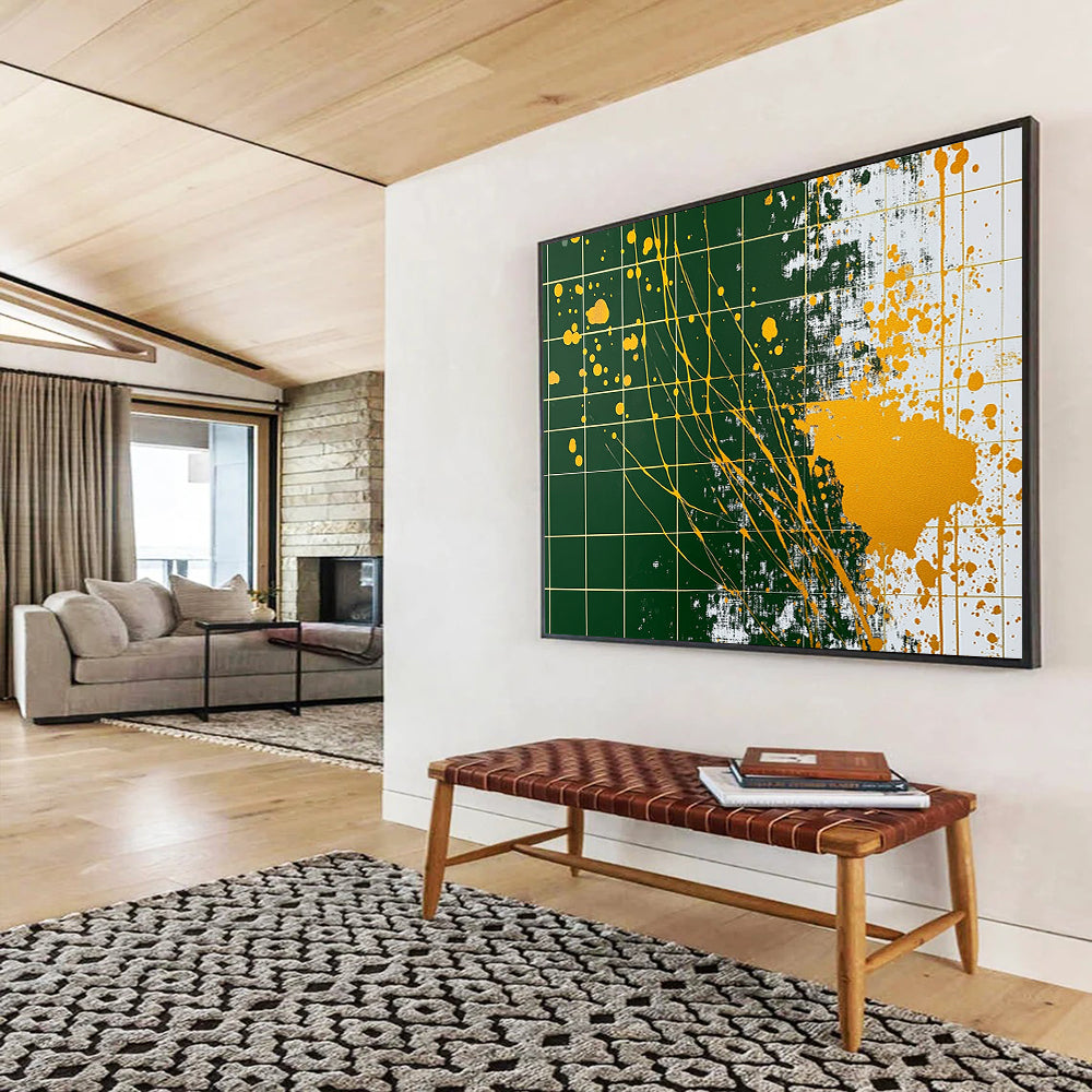“Gold - Splatter Grid” - Green grid, yellow splatters, Abstract Painting On Canvas HB0558