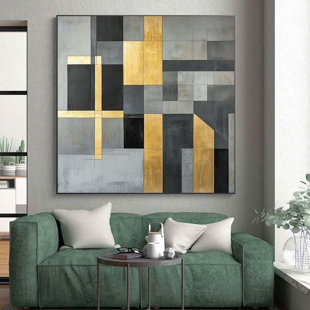 Gray, Black, Gold and White Geometric Composition "Timeless Structure" Painting On Canvas HB354